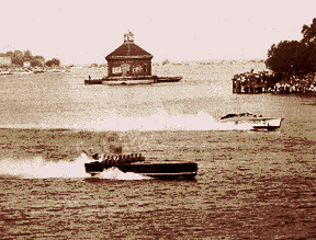In 1931, Miss America IX (bottom), with Gar Wood at the wheel, battles Kaye Don and Miss England II on the Detroit River for the coveted Harmsworth Trophy. Both crossed the starting line too soon and were disqualified. But Gar's brother George won the race with Miss America VIII to keep the trophy in America. 