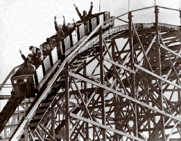 Youngsters squeal as Edgewater Park's roller coaster -- "The Wild Beast"-- goes over the top on opening day in the spring of 1942.