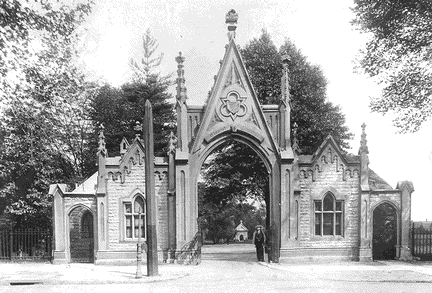 A late 19th century view of the Elmwood Cemetery Gate. 