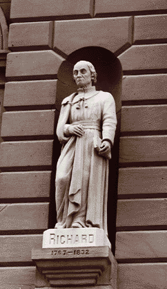 This sculpture of Fr. Gabriel Richard sat in a niche in the building's facade. This and other sculptures of Antoine Cadillac, Fr. Jacques Marquette and Sieur de LaSalle were carved by Bela Hubbard, the foremost Detroit sculptor of the period. 
