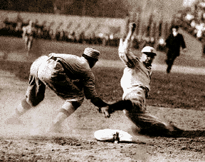 Kuenzel holds a Graflex camera in 1909, the year he shot the photo, bottom, that cleared Ty Cobb of intentional spiking charges.