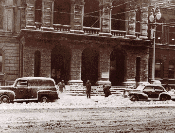 The facade of old City Hall after an early 1950s snowstorm. 