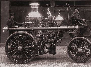 Engine No. 2, purchased by the city in 1861, sits in front of its station on Hastings Street near Congress. The man at the back of the rig held the title of engineer and was required to stay with the engine at a fire to see that the machinery functioned properly.