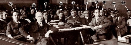 In September 1928, Purple Gang defendants were found not guilty of extortion in the "cleaners and dyers war." This photo shows the prosecutors, defense lawyers and defendants during the trial before Judge Charles Bowles. 