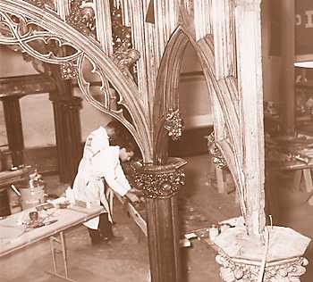 Craftsmen work on restoring the Gothic Room from the steamer City of Detroit III in the Dossin Museum in 1966