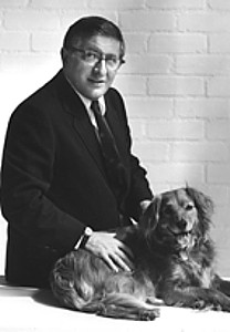 Bernard Herrmann with his dog, who seems a lot happier with the great composer than does Alfred Hitchcock, while posing with Herrmann.