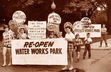 A group of young Detroit protesters demands the park, which had been closed in 1951, be reopened. After years of protests like this one in 1954, part of the park was finally reopened in 1957. 