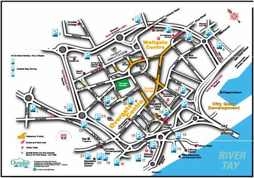 Dundee tourist map - with parking places, public toilets, pedestrian lanes