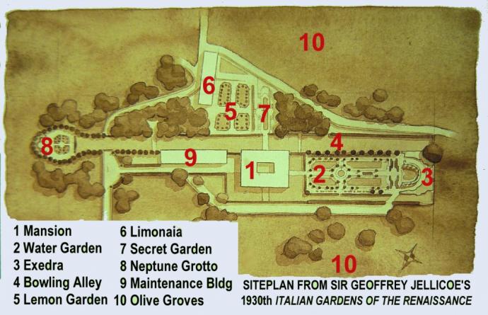 Siteplan from Sir Geofferry Jellicoe's 1930th Italian gardens of the renaissance